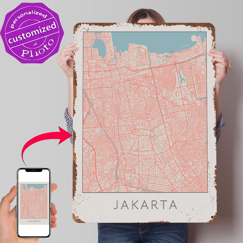 Home Decor Jakarta - Jakarta Vintage Map Metal Poster Customized
