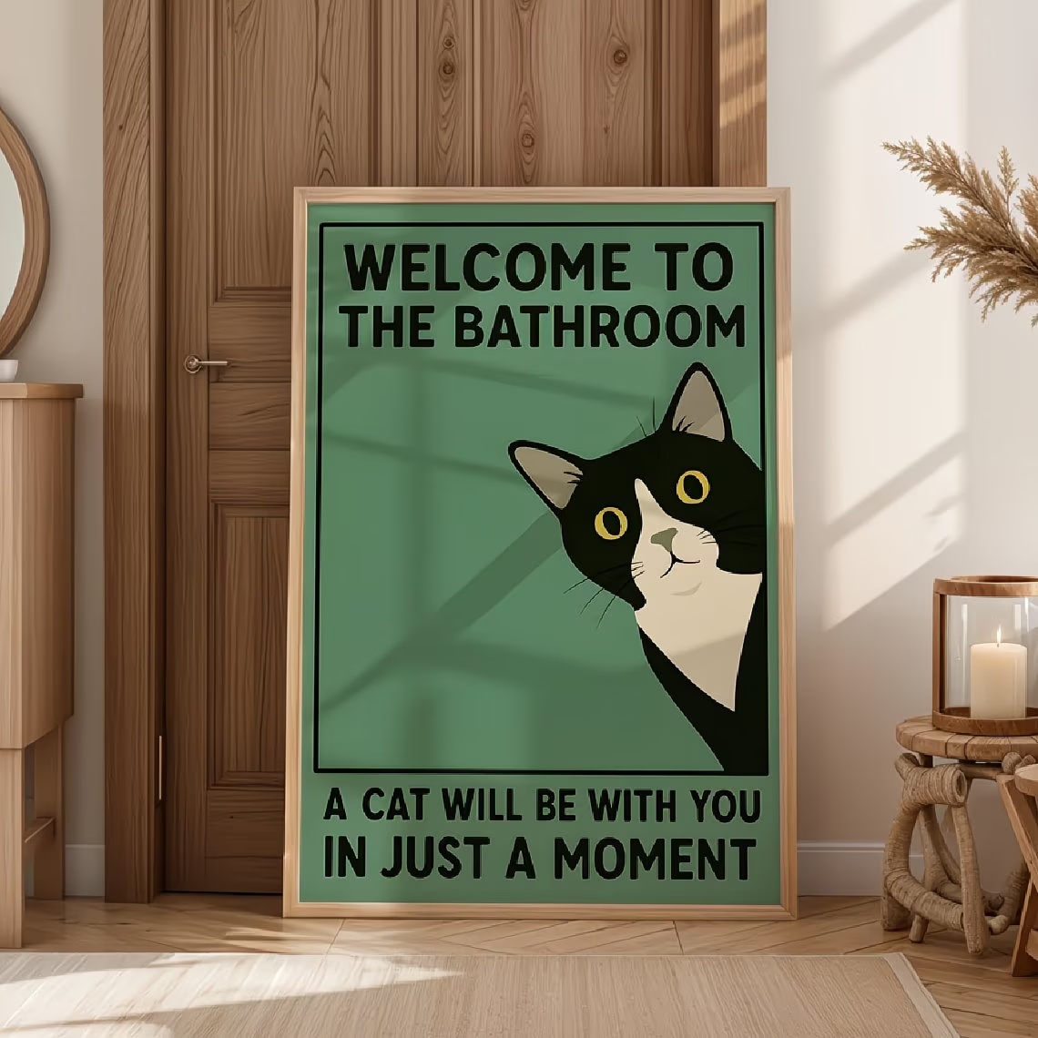 Home Decor Cat - Modern Green Welcome To The Bathroom