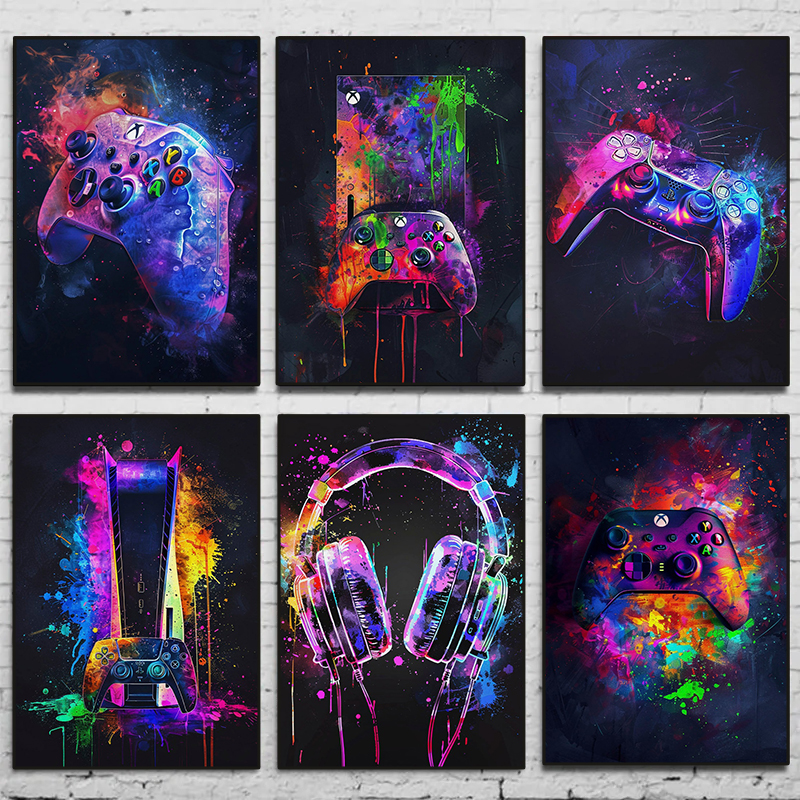 Home Decor Xbox Games - Retro Color XBOX Gamepad Headset Canvas