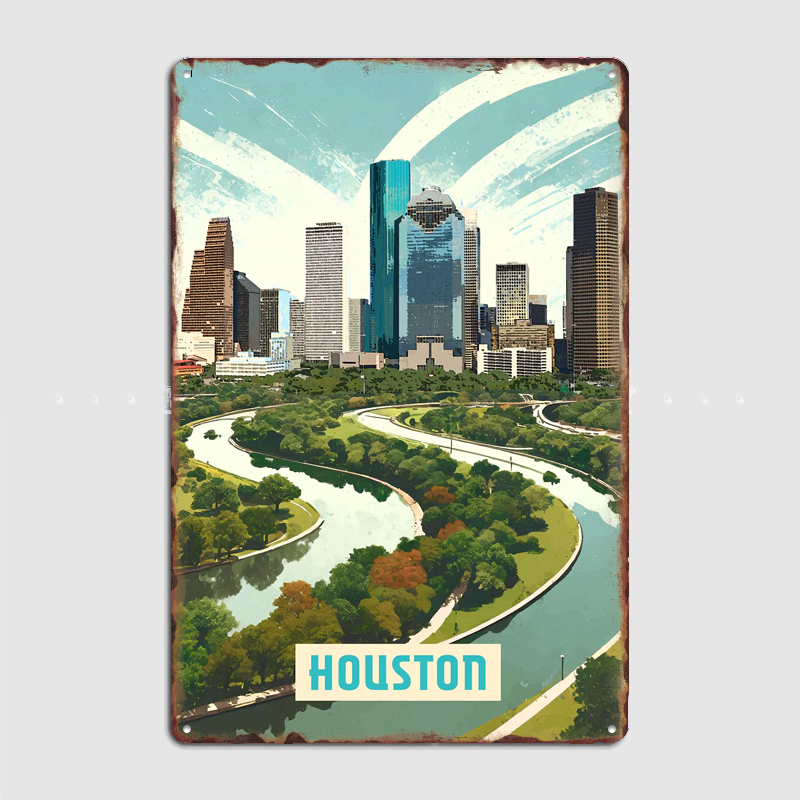 Home Decor Houston - Houston Vintage City Travel Poster Metal