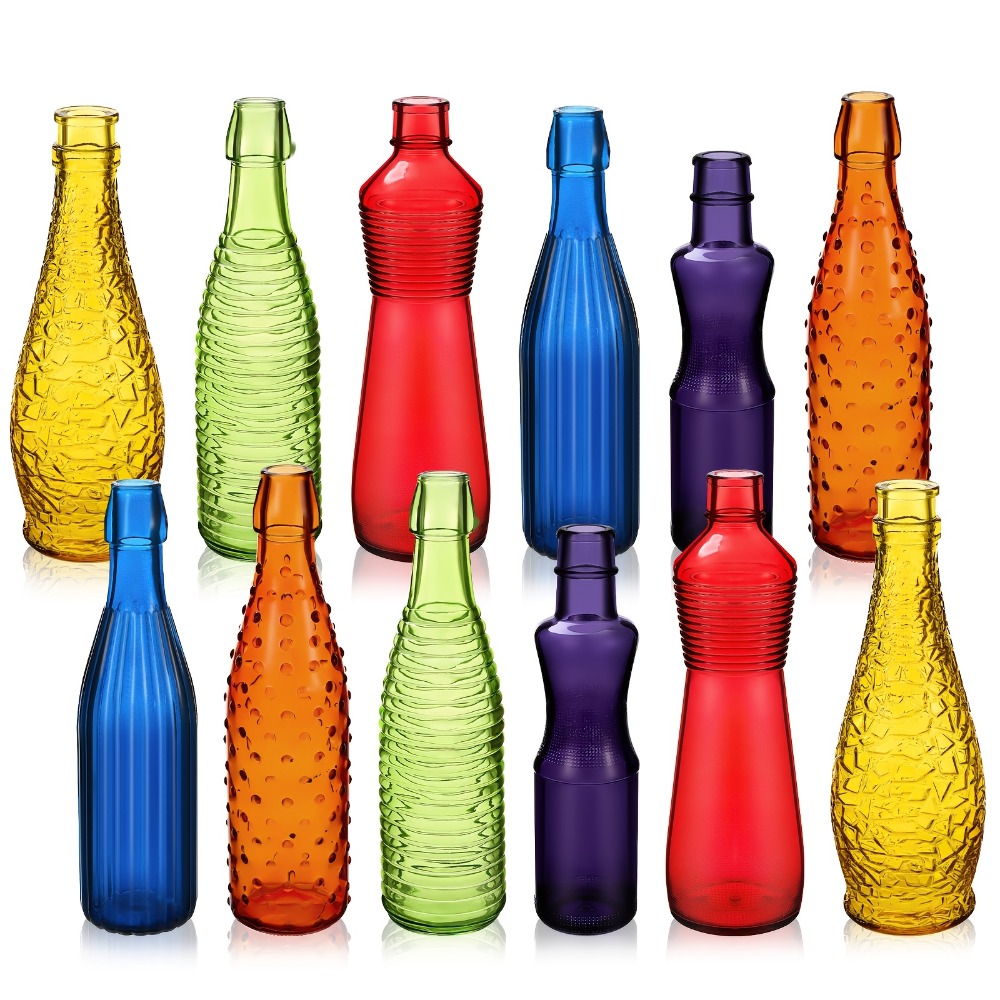 Home Decor Garden - Set of 12 Vibrant Glass Bottles,