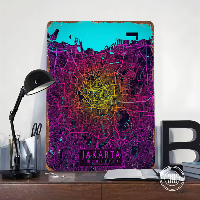 Jakarta City Map Neon Tin Post – Home Decor Jakarta Bewertung und Preis