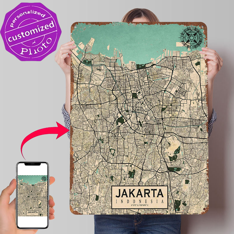 Jakarta City Map Vintage Metal – Home Decor Jakarta Bewertung und Preis