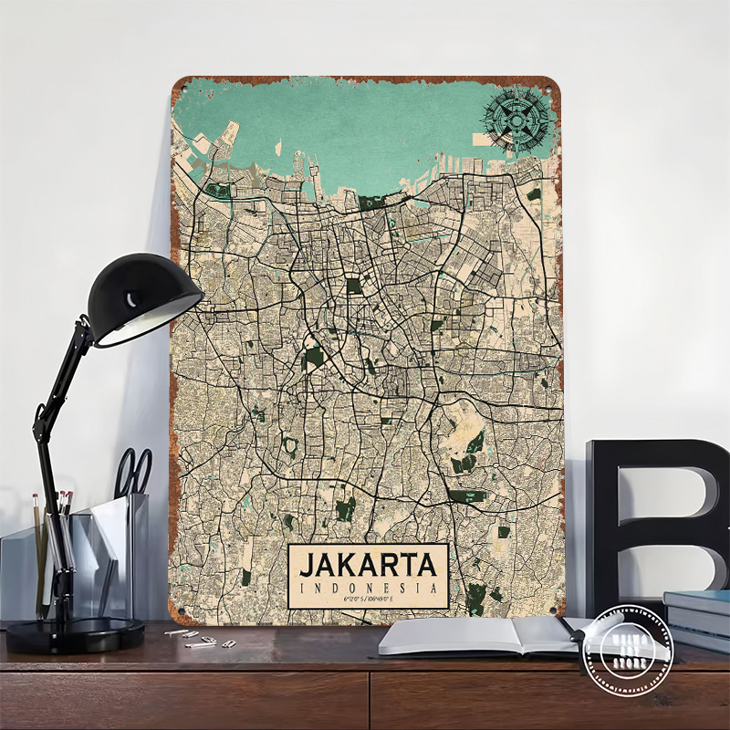 Jakarta City Map Vintage Metal – Home Decor Jakarta Bewertung und Preis