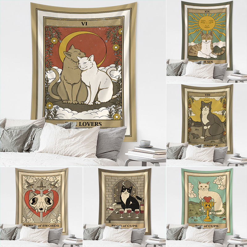 Cartoon Cat Tarot Tapestry Wal – Home Decor Hippie Bewertung und Preis